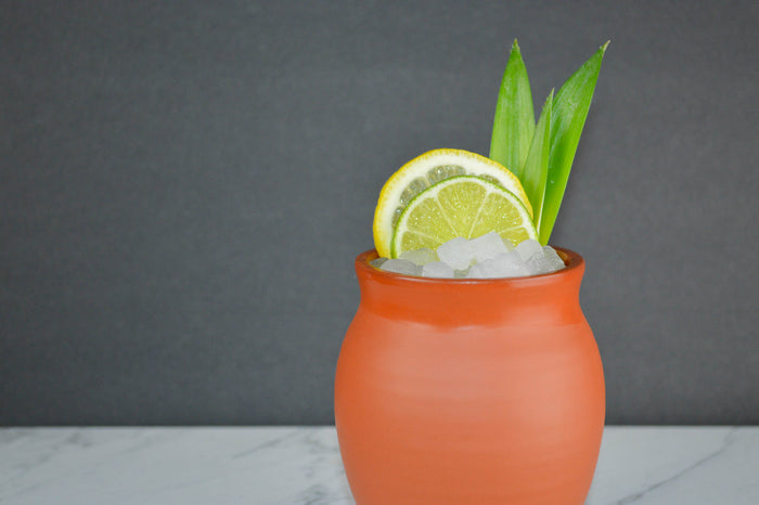Jalisco jug decorated with ice, cut citrus, and garnish.